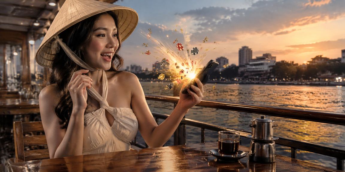 Người dùng Hà Nội đội nón lá sử dụng điện thoại để truy cập casino trực tuyến